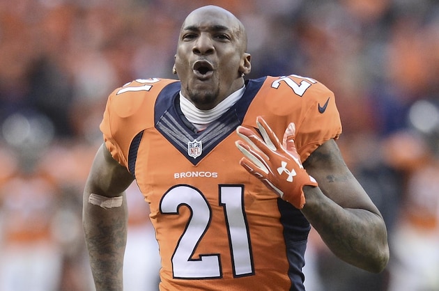 Jan 24, 2016; Denver, CO, USA; Denver Broncos cornerback Aqib Talib (21) celebrates in the closing seconds of the AFC Championship football game at Sports Authority Field at Mile High. Denver Broncos defeated New England Patriots 20-18 to earn a trip to Super Bowl 50. Mandatory Credit: Ron Chenoy-USA TODAY Sports