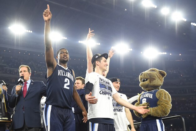 HOUSTON, TX - APRIL 04:  Kris Jenkins #2 and Ryan Arcidiacono #15 of the Villanova Wildcats celebrate after winning the NCAA College Basketball Tournament Championship game against the North Carolina Tar Heels at NRG Stadium on April 04, 2016 in Houston, Texas.  The Wildcats won 77-74.  (Photo by Mitchell Layton/Getty Images)