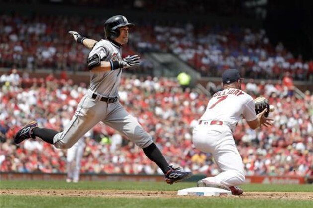 Miami Marlins' Ichiro Suzuki, left, is out at first as St. Louis Cardinals first baseman Matt Holliday handles the throw during the third inning of a baseball game Sunday, July 17, 2016, in St. Louis. (AP Photo/Jeff Roberson)
