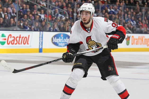 TORONTO, ON - MARCH 5:  Mika Zibanejad #93 of the Ottawa Senators skates against the Toronto Maple Leafs during an NHL game at the Air Canada Centre on March 5,2016 in Toronto, Ontario, Canada. The Senators defeated the Maple Leafs 3-2. (Photo by Claus Andersen/Getty Images)