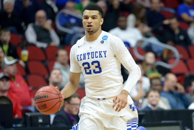Mar 17, 2016; Des Moines, IA, USA; Kentucky Wildcats guard Jamal Murray (23) dribbles against the Stony Brook Seawolves in the first round of the 2016 NCAA Tournament at Wells Fargo Arena. Mandatory Credit: Steven Branscombe-USA TODAY Sports