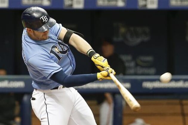Tampa Bay Rays Evan Longoria (3) hits a solo home run during the eighth inning of a baseball game against the Baltimore Orioles, Sunday, July 17, 2016, in St. Petersburg, Fla. (AP Photo/Reinhold Matay)