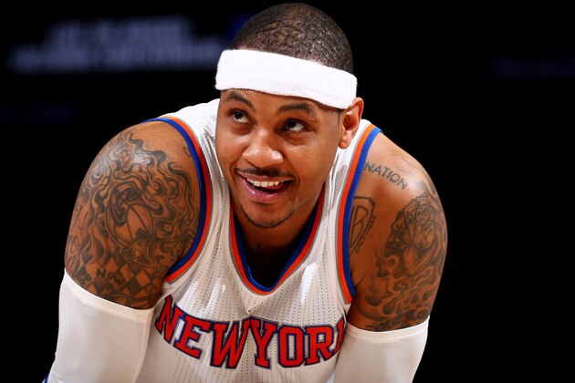 NEW YORK, NY - APRIL 6:  Carmelo Anthony #7 of the New York Knicks looks on during the game against the Charlotte Hornets on April 6, 2016 at Madison Square Garden in New York City.  NOTE TO USER: User expressly acknowledges and agrees that, by downloading and or using this photograph, User is consenting to the terms and conditions of the Getty Images License Agreement. Mandatory Copyright Notice: Copyright 2016 NBAE  (Photo by Nathaniel S. Butler/NBAE via Getty Images)
