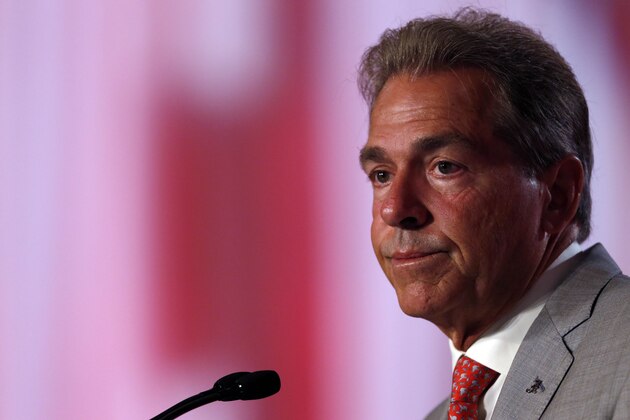 Jul 13, 2016; Hoover, AL, USA; Alabama head coach Nick Saban speaks to the media during SEC media day at Hyatt Regency Birmingham-The Wynfrey Hotel. Mandatory Credit: Butch Dill-USA TODAY Sports