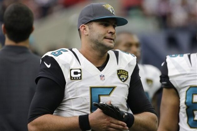 Jacksonville Jaguars quarterback Blake Bortles (5) on the sideline during the second half an NFL football game against the Houston Texans, Sunday, Jan. 3, 2016, in Houston. (AP Photo/David J. Phillip)