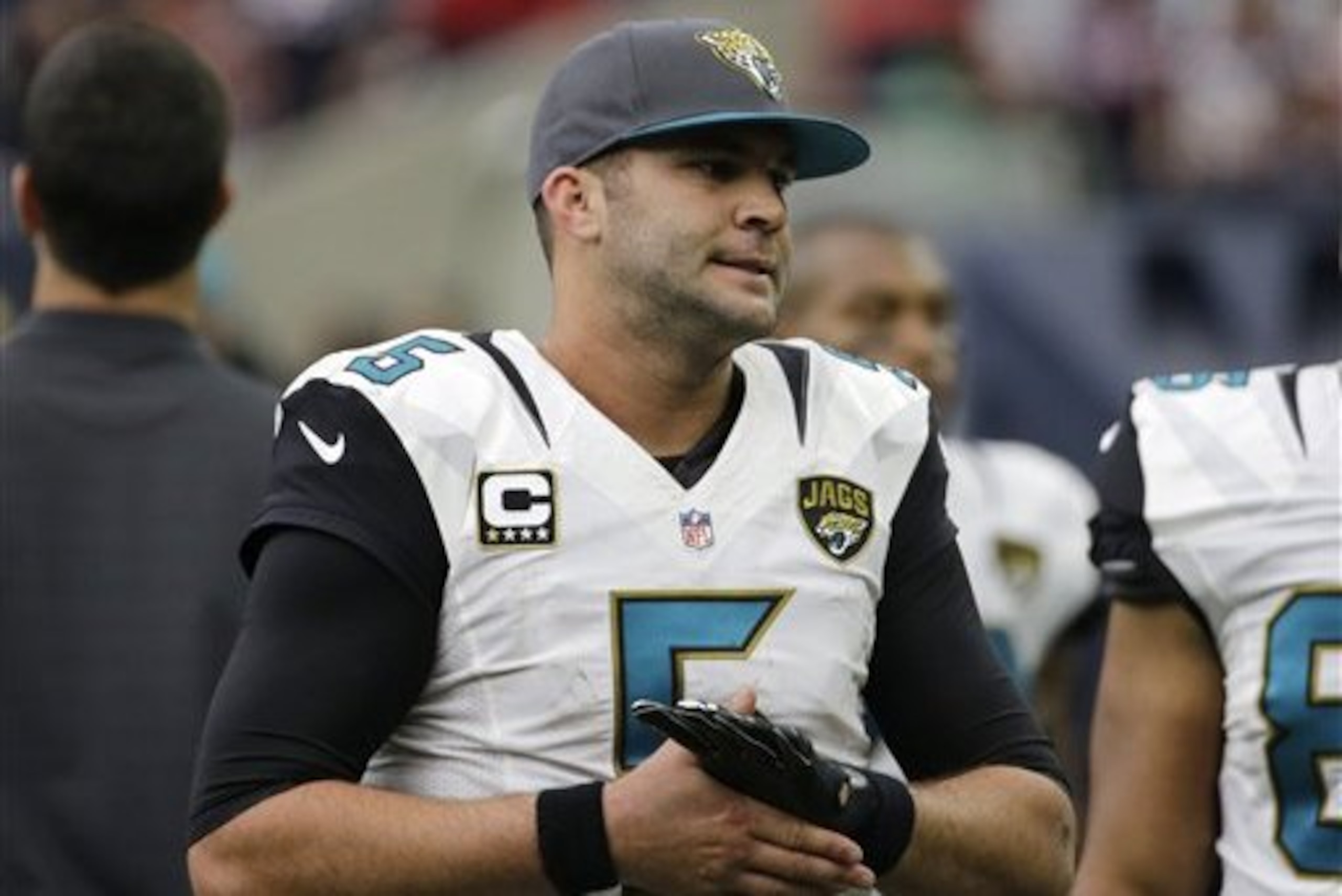 Jacksonville Jaguars quarterback Blake Bortles (5) on the sideline during the second half an NFL football game against the Houston Texans, Sunday, Jan. 3, 2016, in Houston. (AP Photo/David J. Phillip)