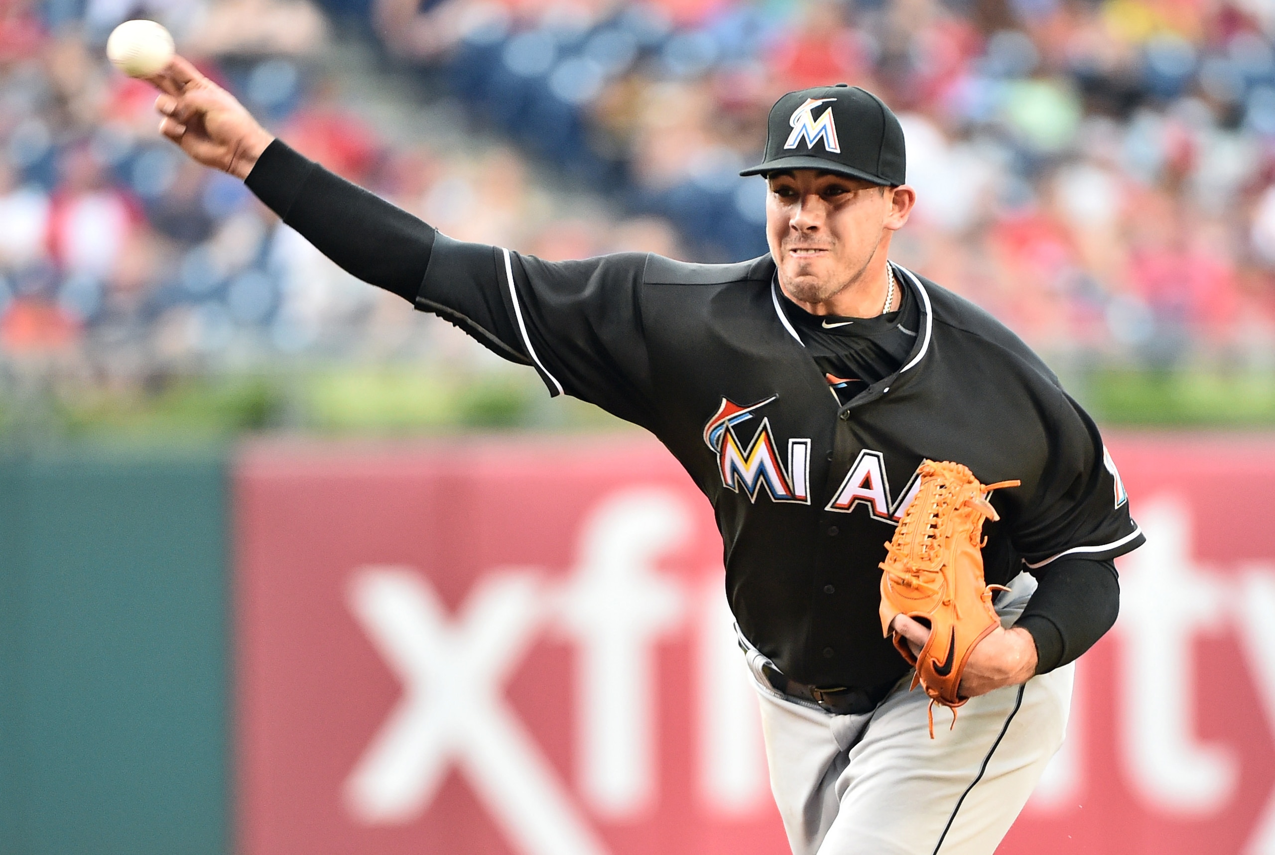 Jul 18, 2016; Philadelphia, PA, USA; Miami Marlins starting pitcher Jose Fernandez (16) throws a pitch during the first inning against the Philadelphia Phillies at Citizens Bank Park. Mandatory Credit: Eric Hartline-USA TODAY Sports