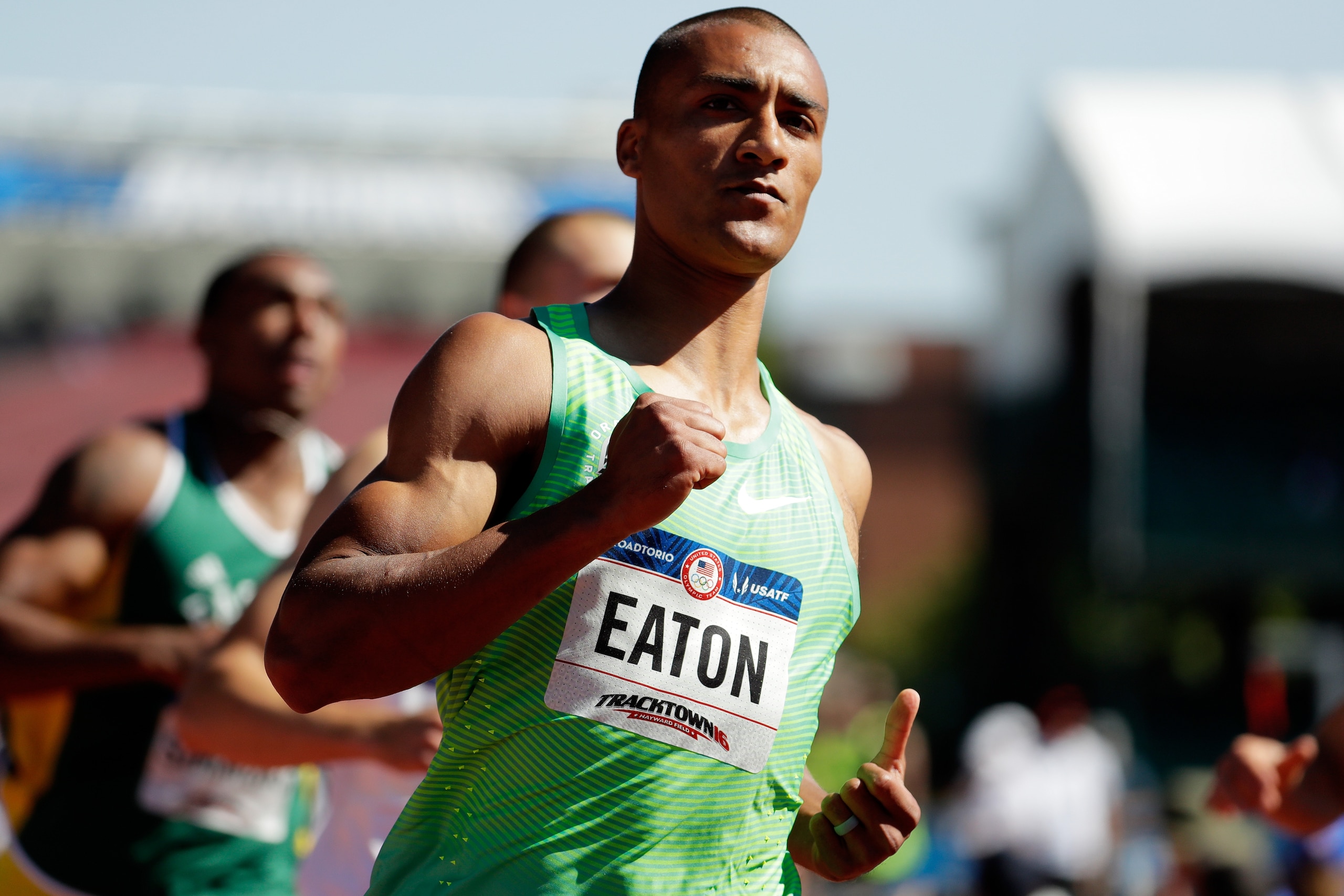 EUGENE, OR - JULY 02:  Ashton Eaton reacts after the Men's 100m Decathalon  during the 2016 U.S. Olympic Track & Field Team Trials at Hayward Field on July 2, 2016 in Eugene, Oregon.  (Photo by Andy Lyons/Getty Images)