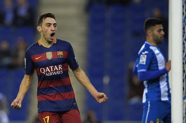 Barcelona's forward Munir El Haddadi celebrates after scoring a goal during the Spanish Copa del Rey (King's Cup) round of 16 second leg football match RCD Espanyol vs FC Barcelona at Cornella-El Prat stadium in Cornella near Barcelona, on January 13, 2016. AFP PHOTO/ LLUIS GENE / AFP / LLUIS GENE        (Photo credit should read LLUIS GENE/AFP/Getty Images)