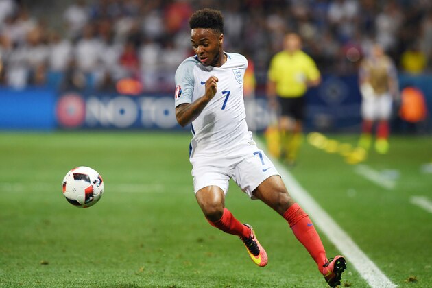 England's midfielder Raheem Sterling plays the ball during Euro 2016 round of 16 football match between England and Iceland at the Allianz Riviera stadium in Nice on June 27, 2016.   / AFP / PAUL ELLIS        (Photo credit should read PAUL ELLIS/AFP/Getty Images)