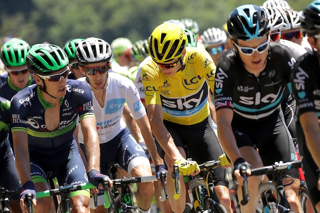 CULOZ, FRANCE - JULY 17:  Christopher Froome of Great Britain riding for Team Sky in the yellow leader's jersey rides in the peloton during stage fifteen of the 2016 Le Tour de France, a 160km stage from Bourg-En Bresse to Culoz on July 17, 2016 in Culoz, France.  (Photo by Chris Graythen/Getty Images)