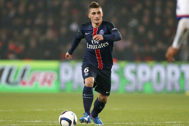 PARIS, FRANCE - DECEMBER 13: Marco Verratti of PSG in action during the French Ligue 1 match between Paris Saint-Germain (PSG) and Olympique Lyonnais (OL) at Parc des Princes stadium on December 13, 2015 in Paris, France. (Photo by Jean Catuffe/Getty Images)