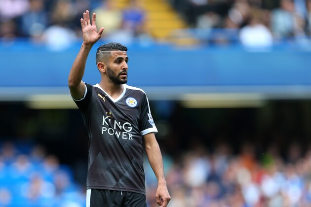 LONDON, ENGLAND - MAY 15: Riyad Mahrez of Leicester City puts his hand up during the Barclays Premier League match between Chelsea and Leicester City at Stamford Bridge on May 15, 2016 in London, England. (Photo by Catherine Ivill - AMA/Getty Images)