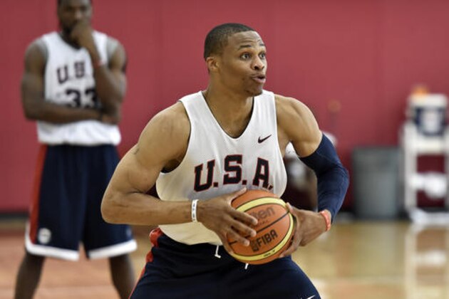 FILE - In this Aug. 11, 2015, file photo, Russell Westbrook looks to pass the ball during the U.S. men's basketball team's minicamp in Las Vegas. Westbrook says he won't play in the Olympics, leaving the U.S. basketball team without another of its best players. The Oklahoma City point guard said Friday, June 10, 2016,  that he decided not to play after talking with his family. He didn't give a reason for pulling out in his statement released through the Thunder. ((AP Photo/David Becker, File)