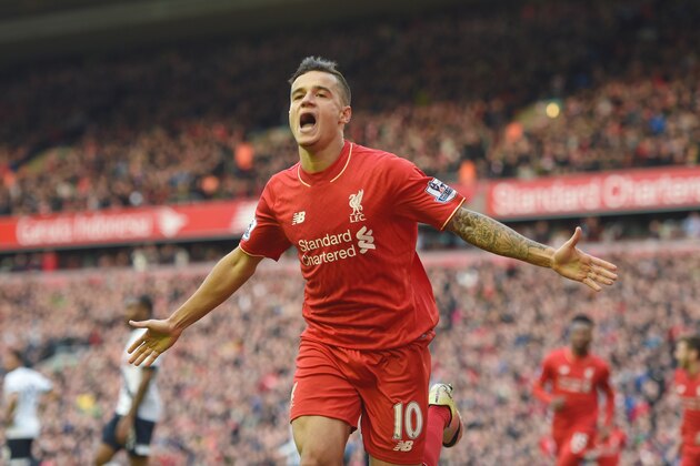 LIVERPOOL, ENGLAND - APRIL 02:  Philippe Coutinho of Liverpool celebrates scoring his team's first goal during the Barclays Premier League match between Liverpool and Tottenham Hotspur at Anfield on April 2, 2016 in Liverpool, England.  (Photo by Michael Regan/Getty Images)