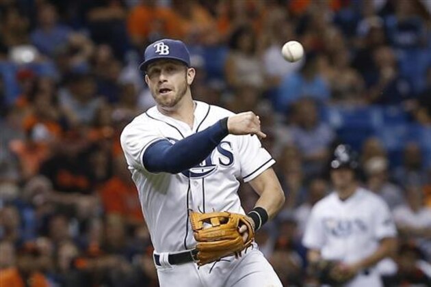 Tampa Bay Rays third baseman Evan Longoria throws to first for the out on Baltimore Orioles' Jonathan Schoop during the eighth inning of a baseball game Saturday, July 16, 2016, in St. Petersburg, Fla. The Orioles won 2-1. (AP Photo/Reinhold Matay)