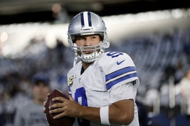 Dallas Cowboys quarterback Tony Romo (9) warms up before an NFL football game against the New York Giants, Sunday, Sept. 13, 2015, in Arlington, Texas. (AP Photo/Brandon Wade)