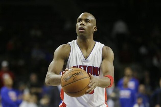Detroit Pistons guard Jodie Meeks shoots a free throw during the second half of an NBA basketball game against the New York Knicks, Friday, Feb. 27, 2015 in Auburn Hills, Mich. (AP Photo/Carlos Osorio)