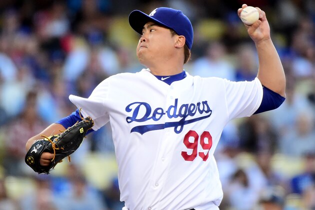 LOS ANGELES, CA - JULY 07:  Hyun-Jin Ryu #99 of the Los Angeles Dodgers pitches to the San Diego Padres during the first inning at Dodger Stadium on July 7, 2016 in Los Angeles, California.  (Photo by Harry How/Getty Images)