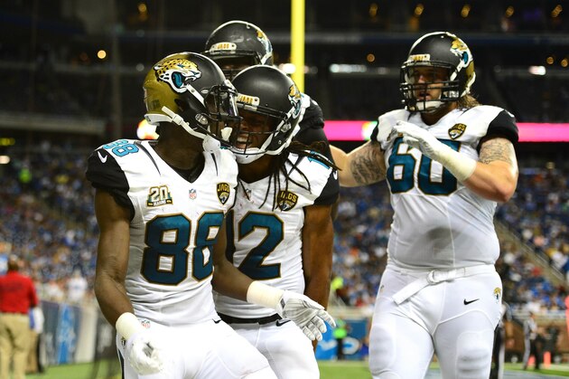 Aug 22, 2014; Detroit, MI, USA; Jacksonville Jaguars wide receiver Allen Hurns (88) celebrates with teammates after scoring a touchdown during the third quarter against the Detroit Lions at Ford Field. Mandatory Credit: Andrew Weber-USA TODAY Sports