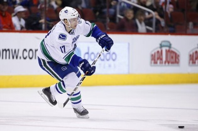 Vancouver Canucks' Radim Vrbata, of the Czech Republic, passes the puck during the first period of an NHL hockey game against the Arizona Coyotes Wednesday, Feb. 10, 2016, in Glendale, Ariz.  The Canucks defeated the Coyotes 2-1. (AP Photo/Ross D. Franklin)