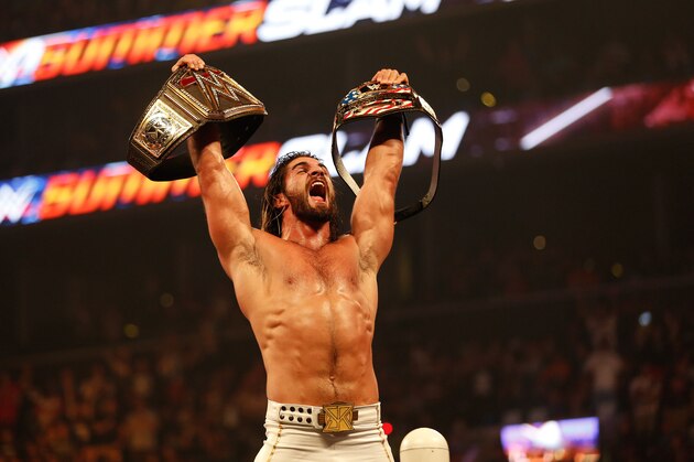 NEW YORK, NY - AUGUST 23:  Seth Rollins celebrates his victory over John Cena at the WWE SummerSlam 2015 at Barclays Center of Brooklyn on August 23, 2015 in New York City.  (Photo by JP Yim/Getty Images)