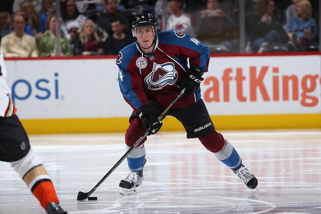 DENVER, CO - APRIL 09:  Tyson Barrie #4 of the Colorado Avalanche controls the ball against the Anaheim Ducks at Pepsi Center on April 9, 2016 in Denver, Colorado. the Ducks defeated the Avalanche 5-3. (Photo by Doug Pensinger/Getty Images)