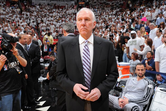 MIAMI, FL - JUNE 20: Greg Popovich prior to the start of Game Seven of the 2013 NBA Finals between the Miami Heat and the San Antonio Spurs on June 20, 2013 at the American Airlines Arena in Miami, Florida. NOTE TO USER: User expressly acknowledges and agrees that, by downloading and or using this photograph, User is consenting to the terms and conditions of the Getty Images License Agreement. Mandatory Copyright Notice: Copyright 2013 NBAE (Photo by Andrew D. Bernstein/NBAE via Getty Images)