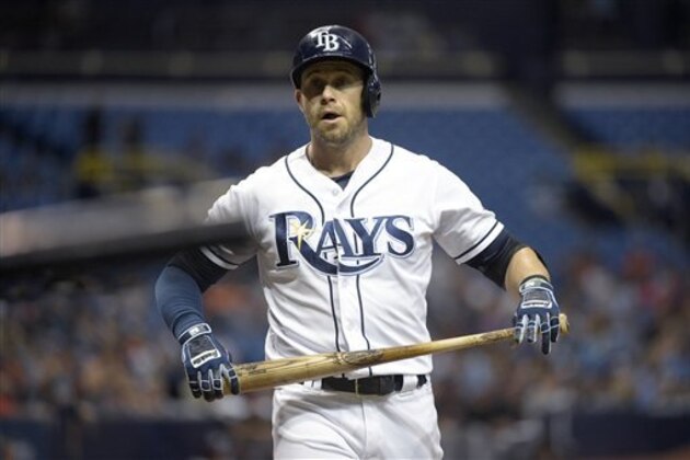 Tampa Bay Rays' Evan Longoria walks towards the dugout to get a new bat after breaking one after fouling off a pitch during the first inning of a professional baseball game against the Baltimore Orioles in St. Petersburg, Fla., Friday, July 15, 2016. (AP Photo/Phelan M. Ebenhack)