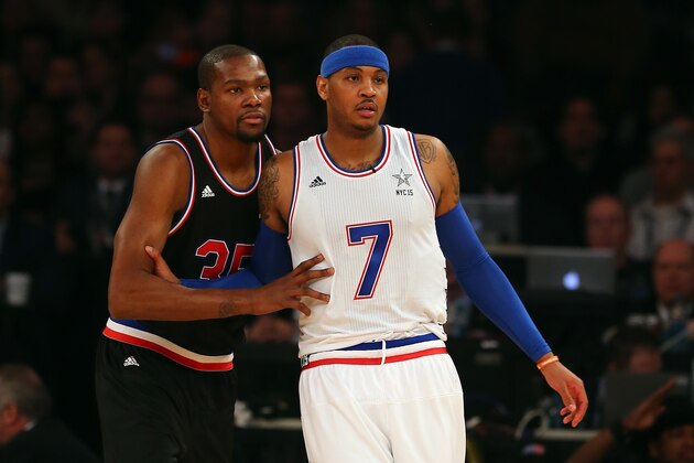 NEW YORK, NY - FEBRUARY 15:  Carmelo Anthony #7 of the New York Knicks and the Eastern Conference looks on against Kevin Durant #35 of the Oklahoma City Thunder and the Western Conference during the 2015 NBA All-Star Game at Madison Square Garden on February 15, 2015 in New York City.  NOTE TO USER: User expressly acknowledges and agrees that, by downloading and/or using this photograph, user is consenting to the terms and conditions of the Getty Images License Agreement.  (Photo by Elsa/Getty Images)