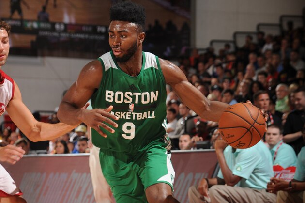 LAS VEGAS, NV - JULY 13: Jaylen Brown #9 of the Boston Celtics handles the ball against the Cleveland Cavaliers during the 2016 NBA Las Vegas Summer League game on July 13, 2016 at the Cox Pavillion in Las Vegas, Nevada. NOTE TO USER: User expressly acknowledges and agrees that, by downloading and or using this photograph, User is consenting to the terms and conditions of the Getty Images License Agreement. Mandatory Copyright Notice: Copyright 2016 NBAE  (Photo by Bart Young/NBAE via Getty Images)