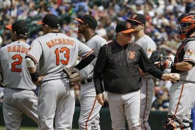 Baltimore Orioles manager Buck Showalter, second from right, holds the ball during a pitching change in the seventh inning of a baseball game against the Seattle Mariners, Sunday, July 3, 2016, in Seattle. (AP Photo/Ted S. Warren)