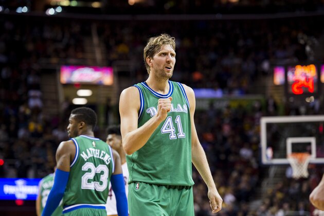 CLEVELAND, OH - MARCH 16: Dirk Nowitzki #41 of the Dallas Mavericks celebrates after a play during the first half against the Cleveland Cavaliers at Quicken Loans Arena on March 16, 2016 in Cleveland, Ohio. NOTE TO USER: User expressly acknowledges and agrees that, by downloading and/or using this photograph, user is consenting to the terms and conditions of the Getty Images License Agreement. Mandatory copyright notice. (Photo by Jason Miller/Getty Images)
