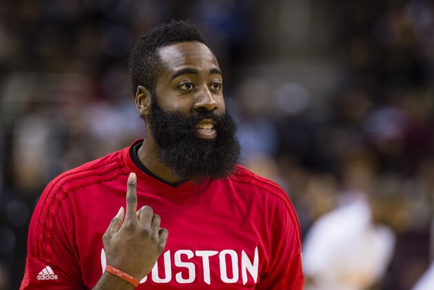 CLEVELAND, OH - MARCH 29: James Harden #13 of the Houston Rockets warms up prior to the game against the Cleveland Cavaliers at Quicken Loans Arena on March 29, 2016 in Cleveland, Ohio. NOTE TO USER: User expressly acknowledges and agrees that, by downloading and/or using this photograph, user is consenting to the terms and conditions of the Getty Images License Agreement. Mandatory copyright notice. (Photo by Jason Miller/Getty Images)