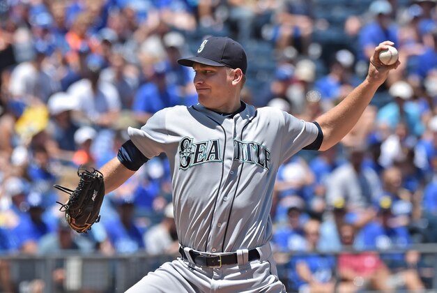 Jul 10, 2016; Kansas City, MO, USA; Seattle Mariners pitcher Mike Montgomery (37) delivers a pitch against the Kansas City Royals during the first inning at Kauffman Stadium. Mandatory Credit: Peter G. Aiken-USA TODAY Sports