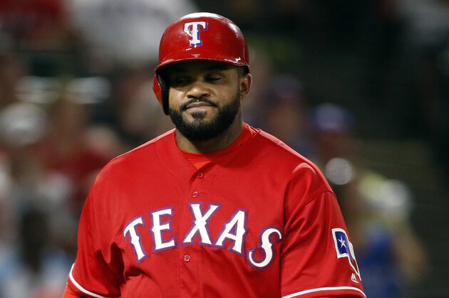 Jul 7, 2016; Arlington, TX, USA; Texas Rangers designated hitter Prince Fielder (84) reacts after striking out in the fifth inning against the Minnesota Twins at Globe Life Park in Arlington. Mandatory Credit: Tim Heitman-USA TODAY Sports