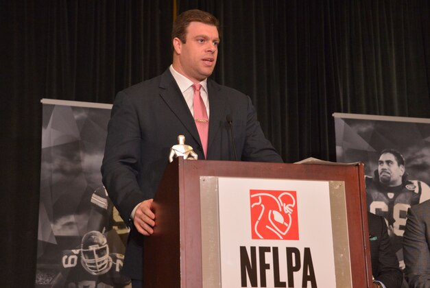 Feb 4, 2016; San Francisco, CA, USA; NFLPA president Eric Winston during the NFLPA press conference at Moscone Center in advance of Super Bowl 50 between the Carolina Panthers and the Denver Broncos. Mandatory Credit: Kirby Lee-USA TODAY Sports