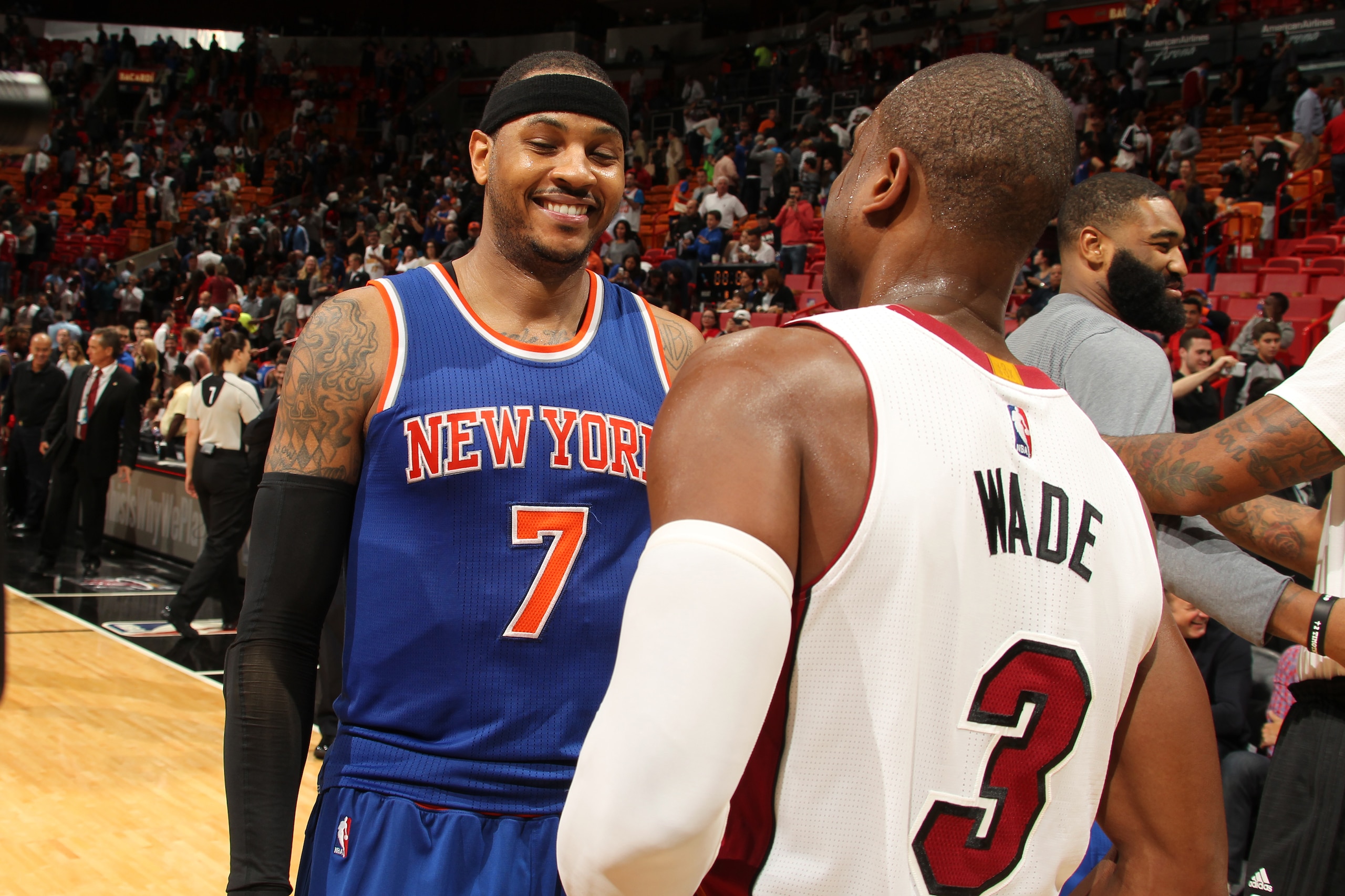 MIAMI, FL - JANUARY 6:  Carmelo Anthony #7 of the New York Knicks talks with Dwyane Wade #3 of the Miami Heat after the game on January 6, 2016 at American Airlines Arena in Miami, Florida. NOTE TO USER: User expressly acknowledges and agrees that, by downloading and or using this Photograph, user is consenting to the terms and conditions of the Getty Images License Agreement. Mandatory Copyright Notice: Copyright 2016 NBAE (Photo by Issac Baldizon/NBAE via Getty Images)