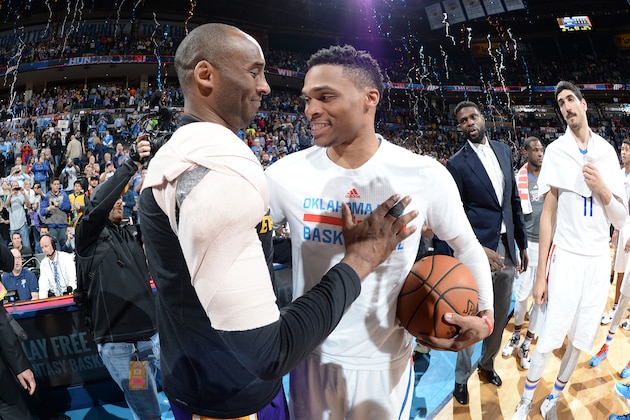 LOS ANGELES, CA - APRIL 11: Kobe Bryant #24 of the Los Angeles Lakers and Russell Westbrook #0 of the Oklahoma City Thunder are seen after the game on April 11, 2016  at the Chesapeake Energy Arena in Oklahoma City, Oklahoma. NOTE TO USER: User expressly acknowledges and agrees that, by downloading and/or using this Photograph, user is consenting to the terms and conditions of the Getty Images License Agreement. Mandatory Copyright Notice: Copyright 2016 NBAE (Photo by Andrew D. Bernstein/NBAE via Getty Images)