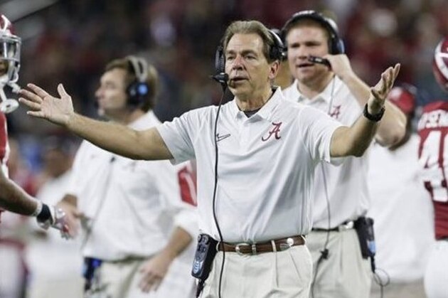 Alabama head coach Nick Saban cheers his players during the second half of the Cotton Bowl NCAA college football semifinal playoff game against Michigan State, Thursday, Dec. 31, 2015, in Arlington, Texas. (AP Photo/LM Otero)