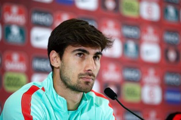 Portugal's Andre Gomes gives a press conference in Marcoussis, near Paris, France, Monday, July 4, 2016. Portugal will face Wales in a Euro 2016 semi final soccer match in Lyon on Wednesday, July 6, 2016. (AP Photo/Thibault Camus)
