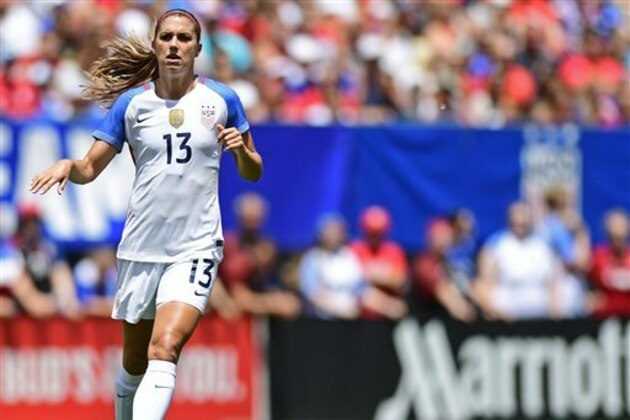 United States forward Alex Morgan jogs during the first half of an international friendly soccer match against Japan, Sunday, June 5, 2016, in Cleveland, Ohio. The United States won 2-0. (AP Photo/David Dermer)