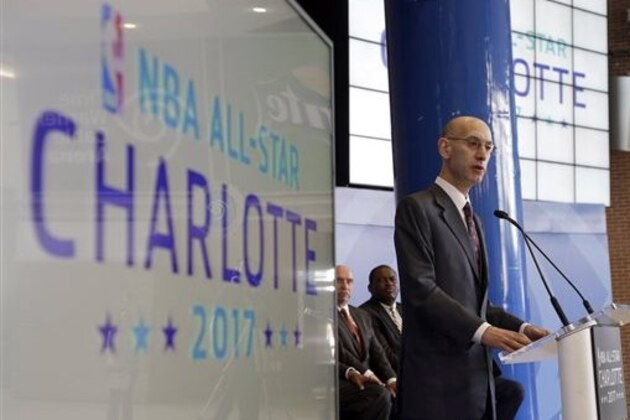 NBA Commissioner Adam Silver speaks during a news conference, Tuesday, June 23, 2015, to announce Charlotte, N.C., as the site of the 2017 NBA All-Star basketball game. (AP Photo/Chuck Burton)