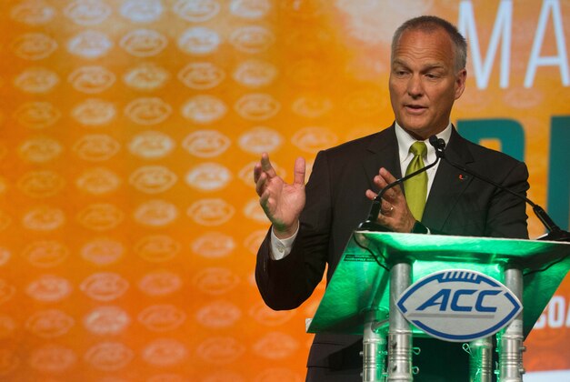 Jul 21, 2016; Charlotte, NC, USA; Miami Hurricanes head coach Mark Richt speaks with the media during the ACC Football Kickoff at Westin Charlotte. Mandatory Credit: Jeremy Brevard-USA TODAY Sports