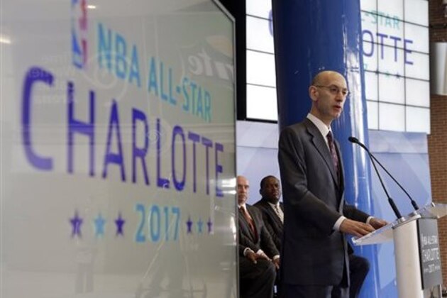 NBA Commissioner Adam Silver speaks during a news conference, Tuesday, June 23, 2015, to announce Charlotte, N.C., as the site of the 2017 NBA All-Star basketball game. (AP Photo/Chuck Burton)