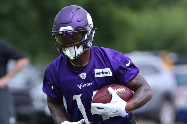 Jun 15, 2016; Minneapolis, MN, USA; Minnesota Vikings wide receiver Stefon Diggs (14) runs with the ball during mini camp. Mandatory Credit: Brad Rempel-USA TODAY Sports