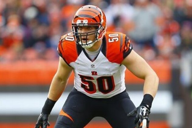 Cincinnati Bengals outside linebacker A.J. Hawk (50) lines up against Cleveland Browns during an NFL football game, Sunday, Dec. 6, 2015, in Cleveland. (Jeff Haynes/AP Images for Panini)