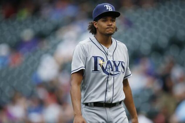 Tampa Bay Rays starting pitcher Chris Archer heads off the mound after striking out the side against the Colorado Rockies in the sixth inning of a baseball game Wednesday, July 20, 2016 in Denver. Tampa Bay won 11-3. (AP Photo/David Zalubowski)