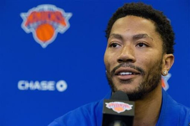 Derrick Rose speaks during a news conference at Madison Square Garden, Friday, June 24, 2016, in New York. The New York Knicks introduced Rose, the former NBA basketball MVP they acquired from the Chicago Bulls. (AP Photo/Mary Altaffer)