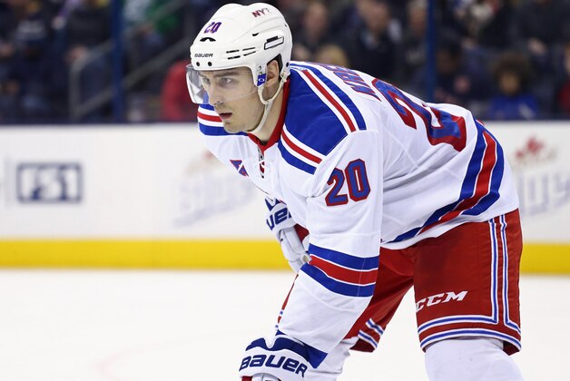 Apr 4, 2016; Columbus, OH, USA; New York Rangers left wing Chris Kreider (20) against the Columbus Blue Jackets at Nationwide Arena. The Rangers won 4-2. Mandatory Credit: Aaron Doster-USA TODAY Sports